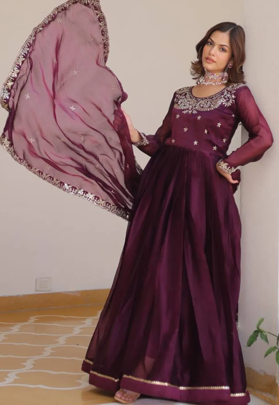 Embroidered Art Silk Abaya Style Suit in Purple
