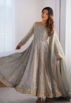 Embroidered Art Silk Abaya Style Suit in Grey