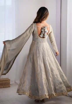 Embroidered Art Silk Abaya Style Suit in Grey