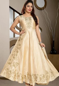 Embroidered Art Silk Abaya Style Suit in Light Beige