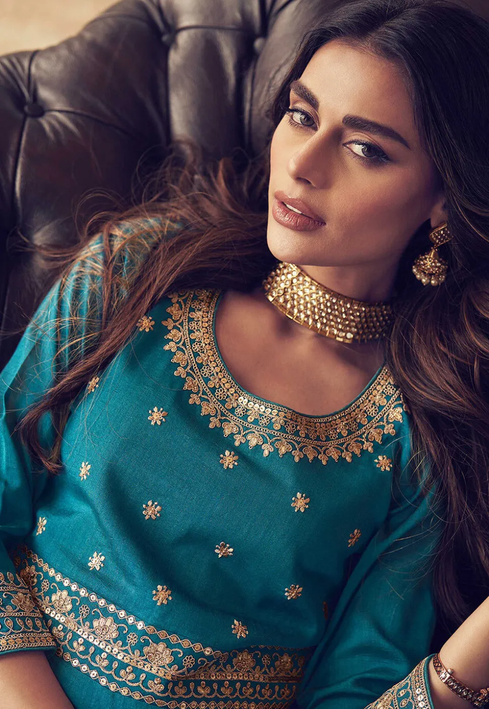 Embroidered Art Silk Abaya Style Suit in Teal Blue