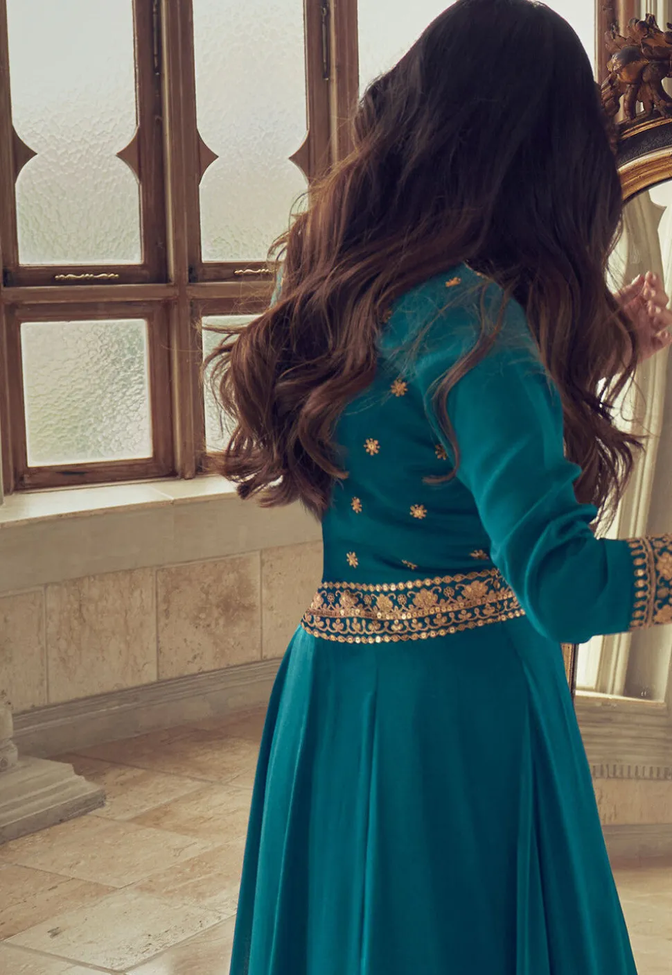 Embroidered Art Silk Abaya Style Suit in Teal Blue