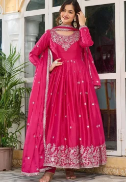 Embroidered Art Silk Abaya Style Suit in Fuchsia