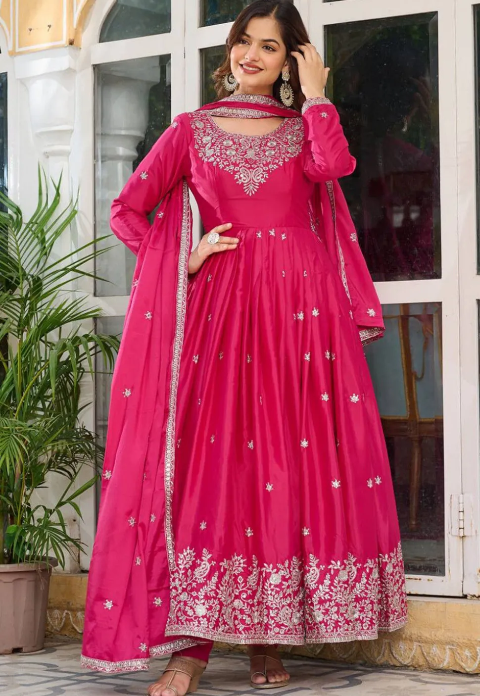 Embroidered Art Silk Abaya Style Suit in Fuchsia