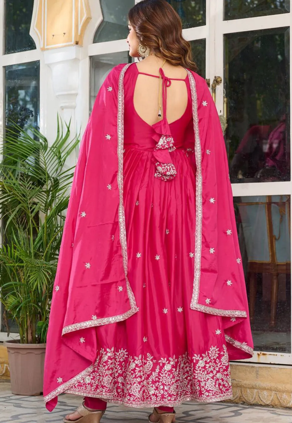 Embroidered Art Silk Abaya Style Suit in Fuchsia