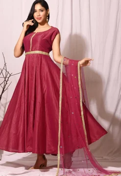 Embroidered Art Silk Abaya Style Suit in Red