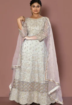 Embroidered Art Silk Abaya Style Suit in Light Grey