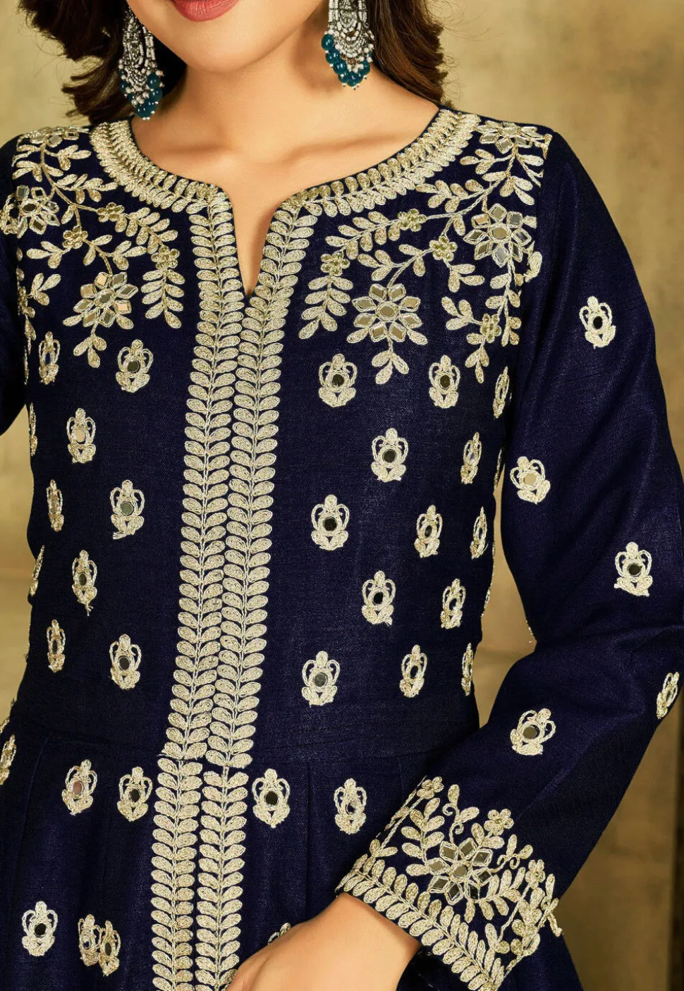 Embroidered Art Silk Abaya Style Suit in Navy Blue