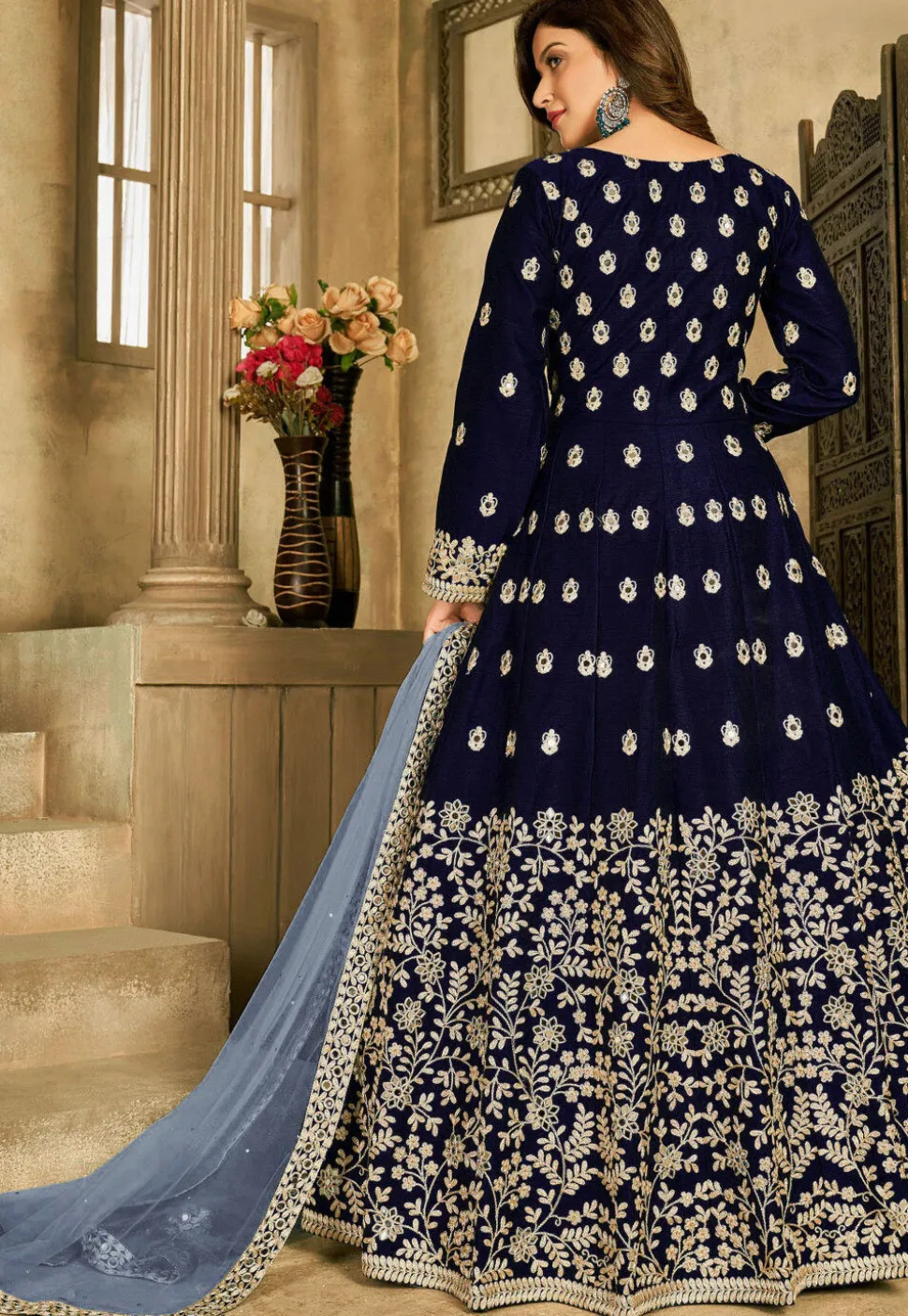 Embroidered Art Silk Abaya Style Suit in Navy Blue