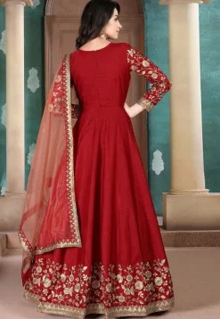 Embroidered Art Silk Abaya Style Suit in Red
