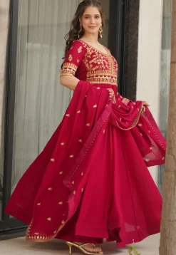 Embroidered Art Silk Abaya Style Suit in Fuchsia