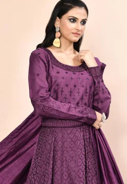 Embroidered Art Silk Abaya Style Suit in Dark Purple