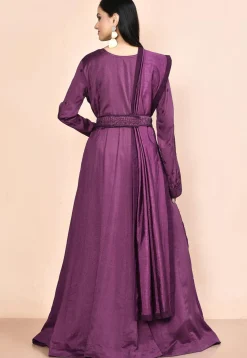Embroidered Art Silk Abaya Style Suit in Dark Purple