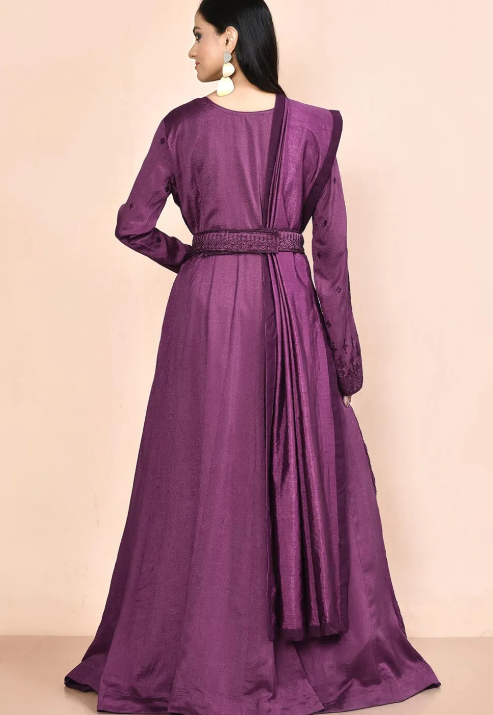 Embroidered Art Silk Abaya Style Suit in Dark Purple