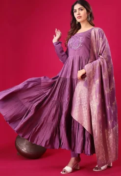 Embroidered Art Silk Abaya Style Suit in Purple