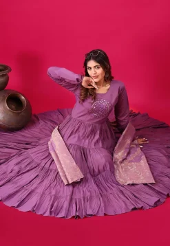 Embroidered Art Silk Abaya Style Suit in Purple