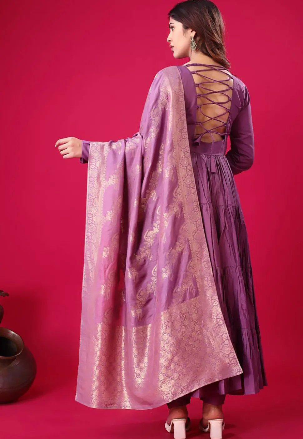 Embroidered Art Silk Abaya Style Suit in Purple