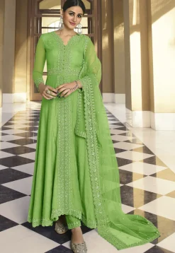 Embroidered Art Silk Abaya Style Suit in Pastel Green