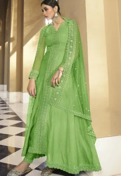 Embroidered Art Silk Abaya Style Suit in Pastel Green