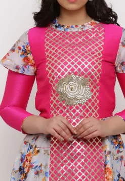 Embroidered Art Silk Abaya Style Suit in Grey and Fuchsia