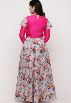 Embroidered Art Silk Abaya Style Suit in Grey and Fuchsia