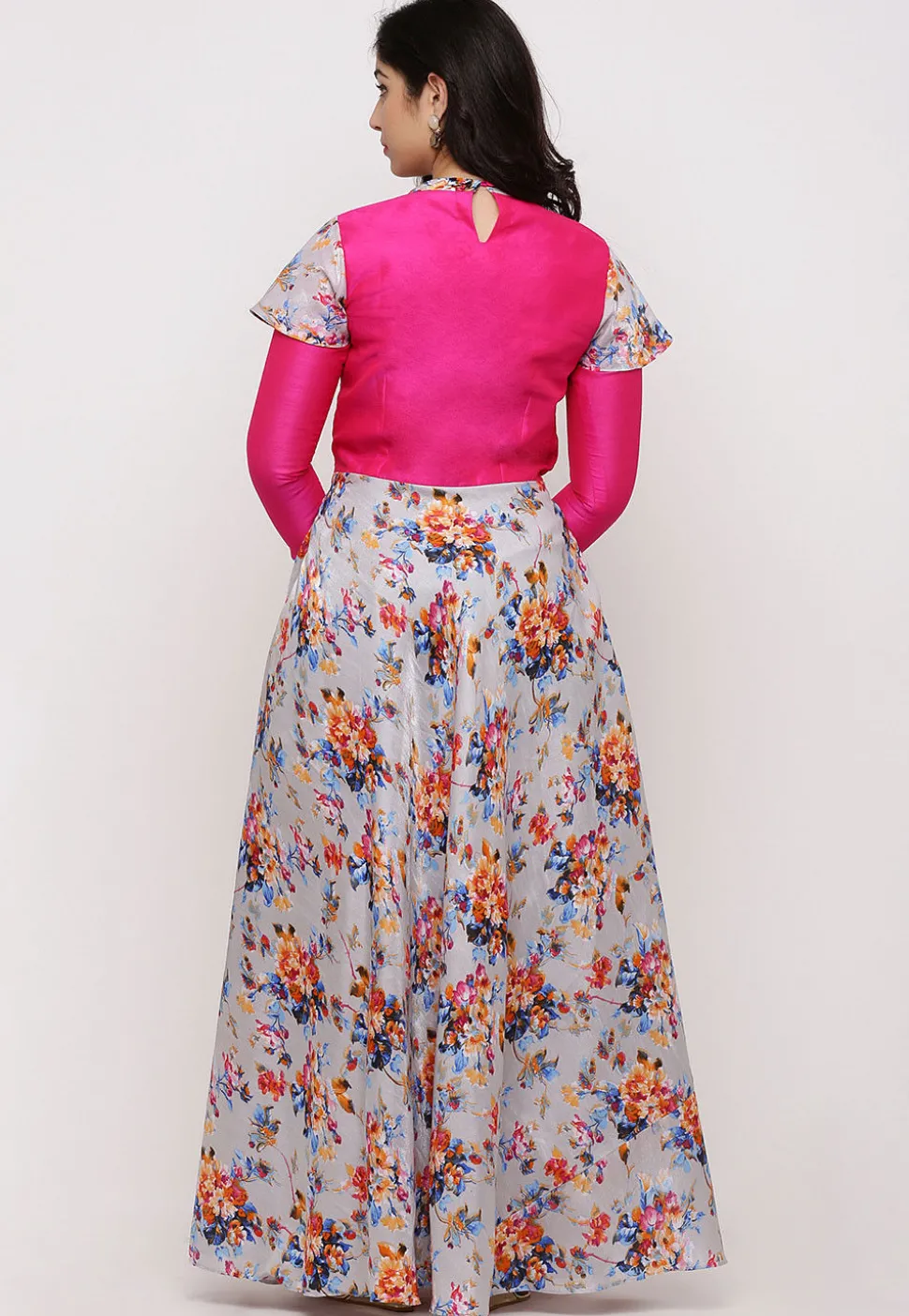 Embroidered Art Silk Abaya Style Suit in Grey and Fuchsia