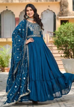 Embroidered Art Silk Abaya Style Suit in Teal Blue