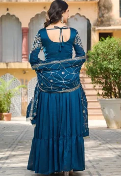 Embroidered Art Silk Abaya Style Suit in Teal Blue