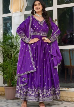 Embroidered Art Silk Abaya Style Suit in Purple