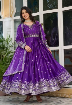 Embroidered Art Silk Abaya Style Suit in Purple