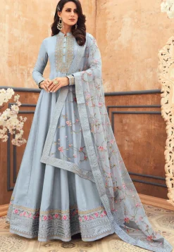 Embroidered Art Silk Abaya Style Suit in Pastel Blue