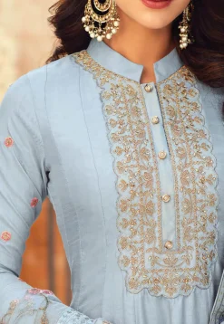 Embroidered Art Silk Abaya Style Suit in Pastel Blue