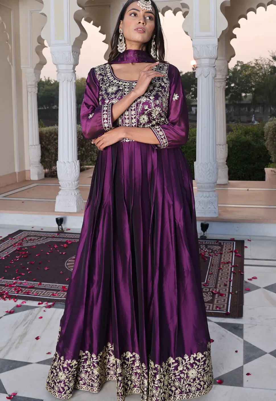 Embroidered Art Silk Abaya Style Suit in Purple