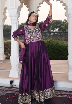Embroidered Art Silk Abaya Style Suit in Purple