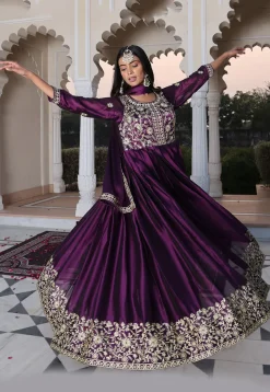Embroidered Art Silk Abaya Style Suit in Purple