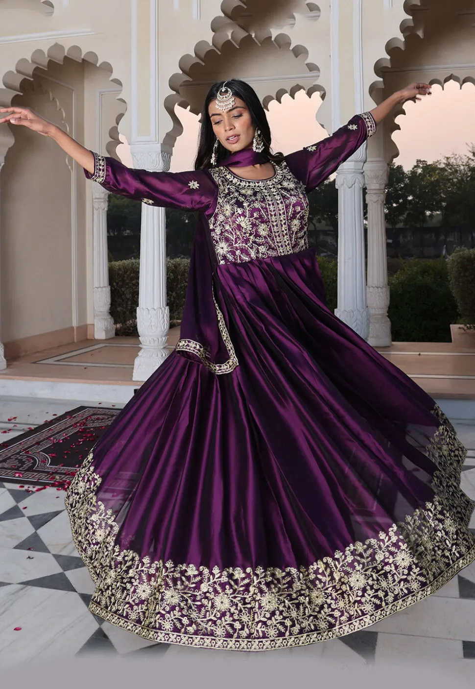 Embroidered Art Silk Abaya Style Suit in Purple