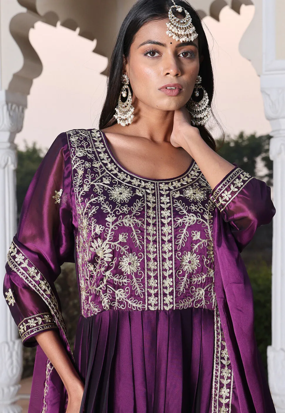 Embroidered Art Silk Abaya Style Suit in Purple