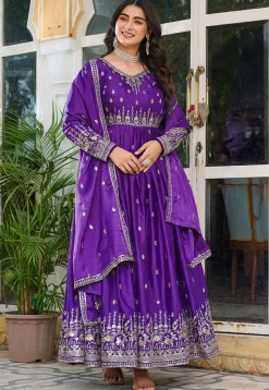 Embroidered Art Silk Abaya Style Suit in Purple