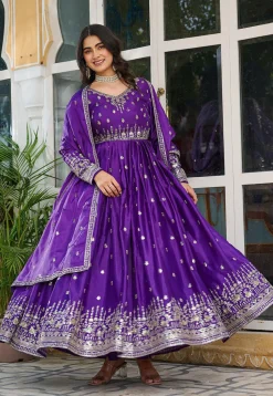Embroidered Art Silk Abaya Style Suit in Purple