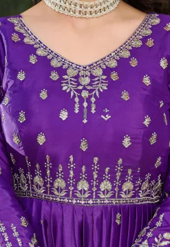 Embroidered Art Silk Abaya Style Suit in Purple