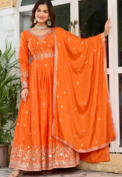 Embroidered Art Silk Abaya Style Suit in Orange