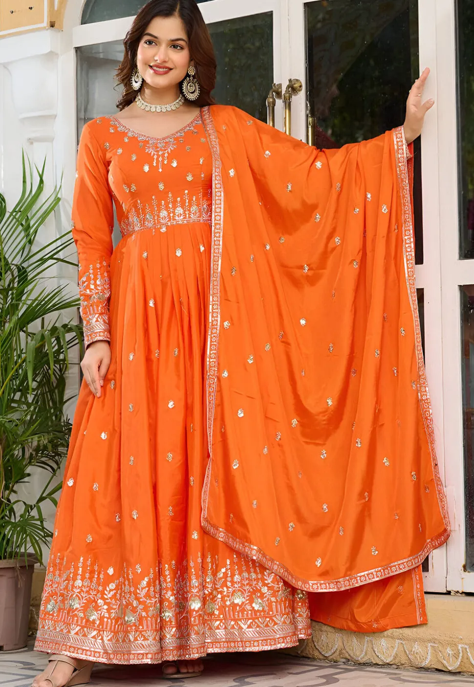 Embroidered Art Silk Abaya Style Suit in Orange
