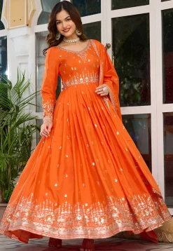 Embroidered Art Silk Abaya Style Suit in Orange