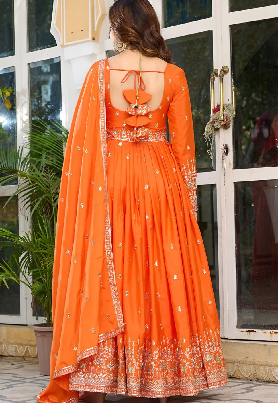 Embroidered Art Silk Abaya Style Suit in Orange