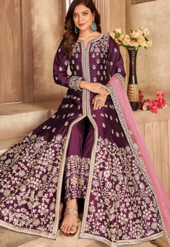 Embroidered Art Silk Abaya Style Suit in Magenta
