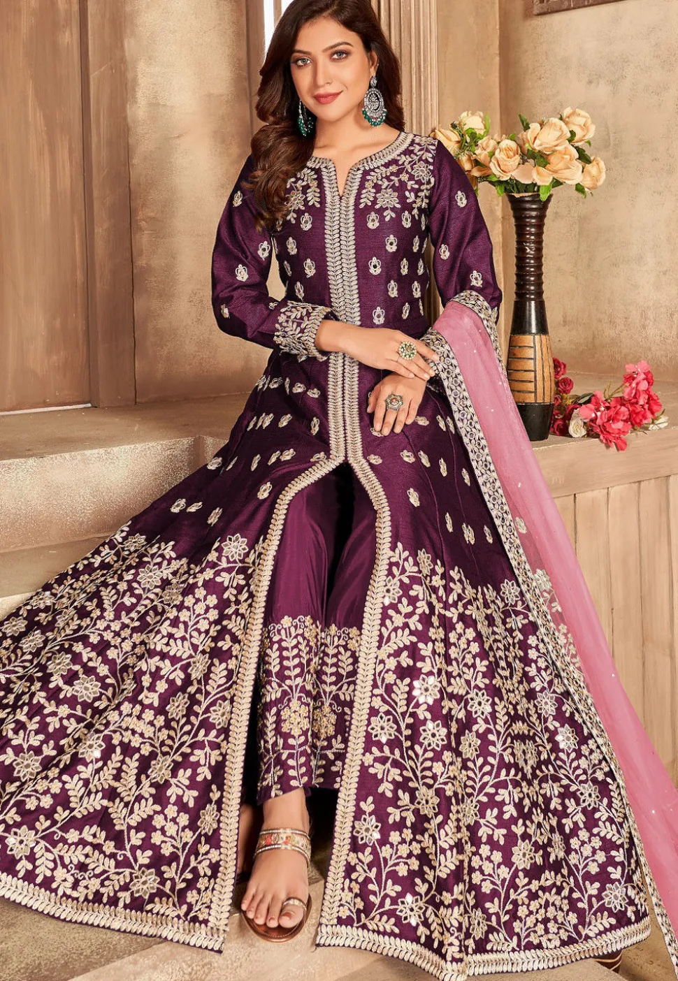 Embroidered Art Silk Abaya Style Suit in Magenta