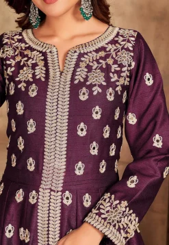 Embroidered Art Silk Abaya Style Suit in Magenta