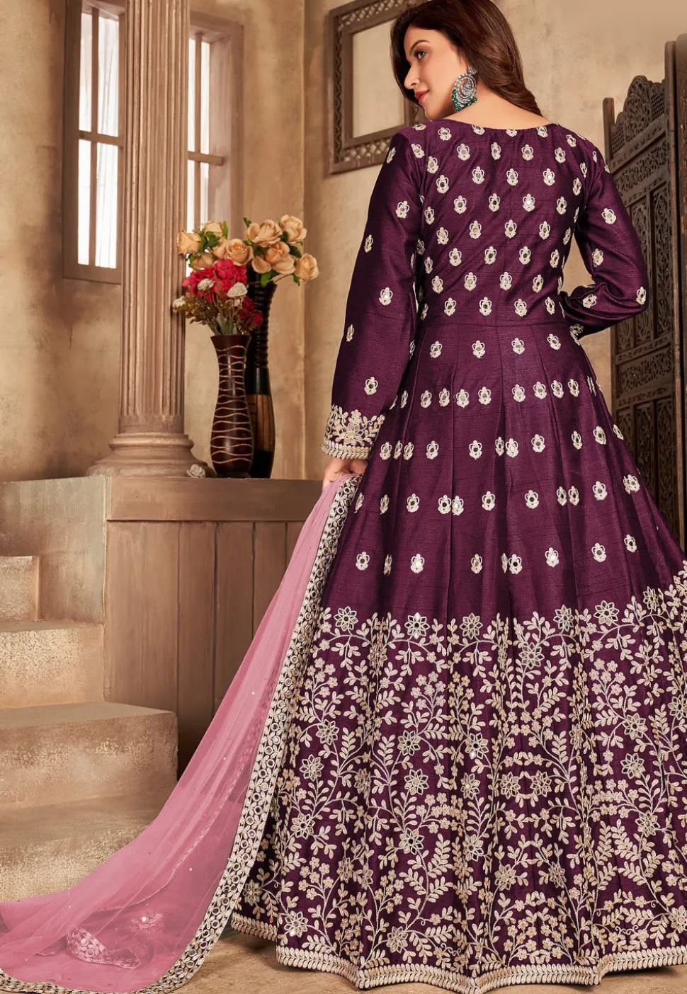 Embroidered Art Silk Abaya Style Suit in Magenta