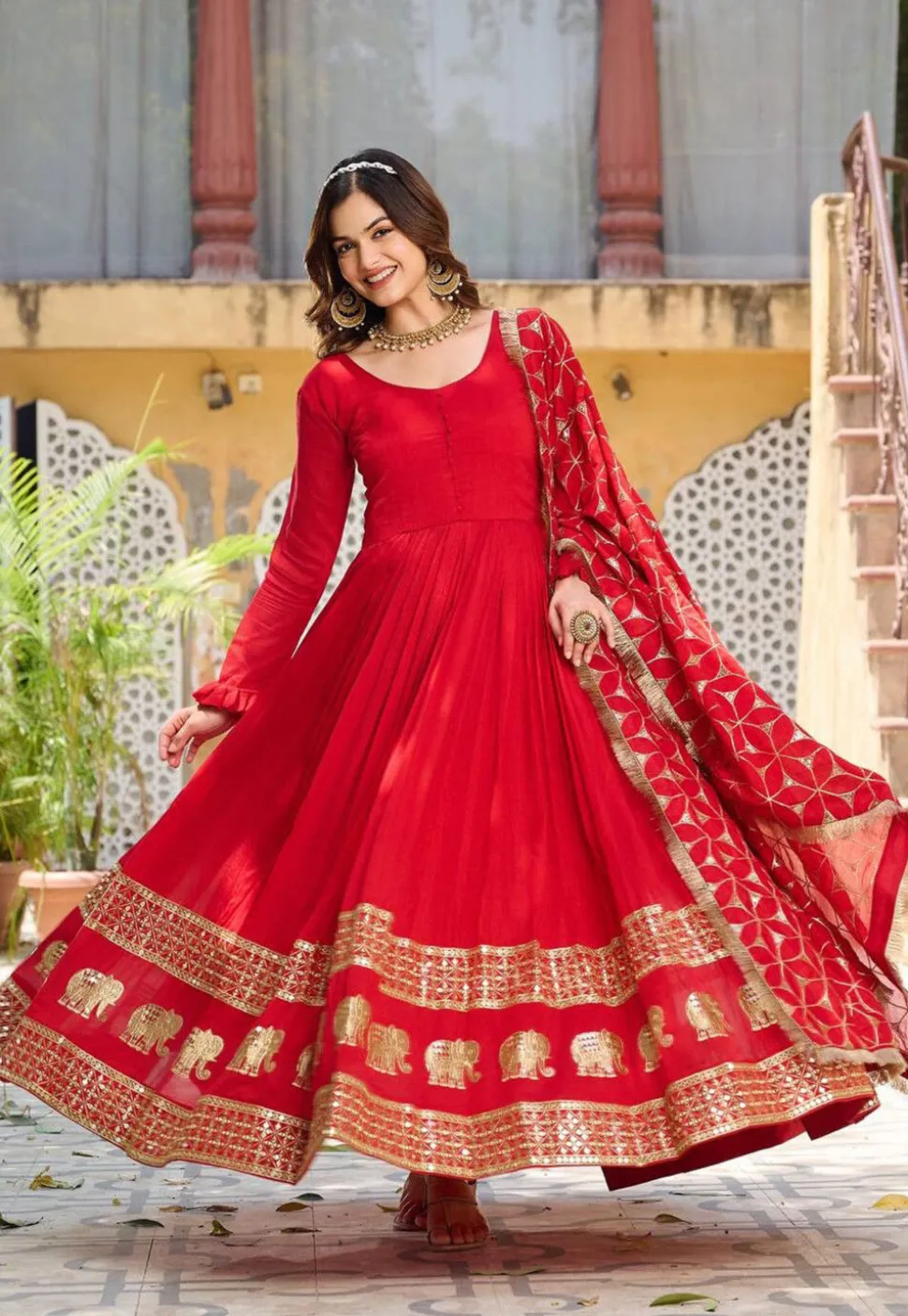 Embroidered Art Silk Abaya Style Suit in Red