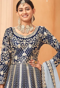 Embroidered Art Silk Abaya Style Suit in Navy Blue